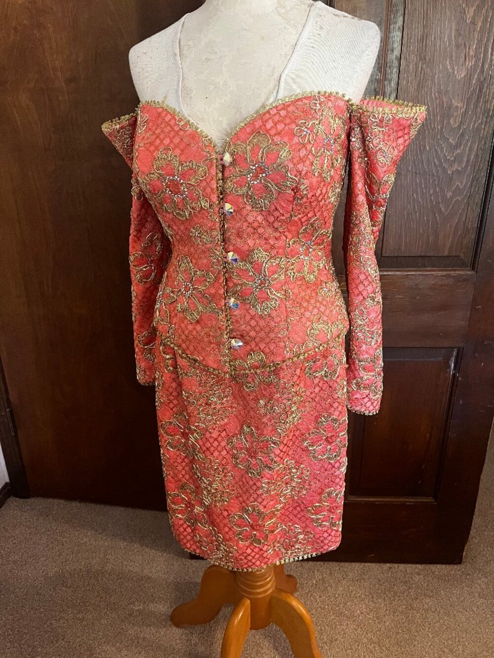 Vintage Patricia Rhodes Couture Coral and Gold Skirt Suit Set